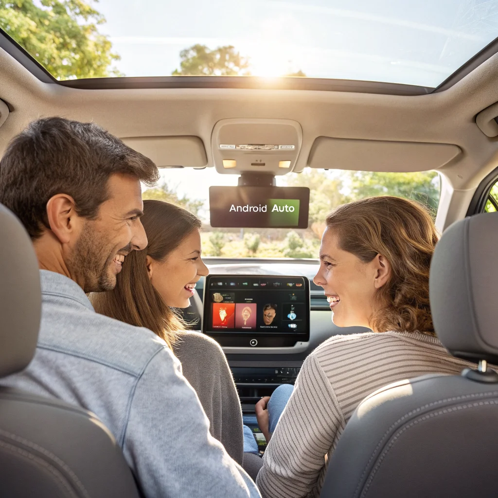 A family enjoying a long car trip using Android Auto with voice commands, interactive games, and travel playlists visible on the car's touchscreen.