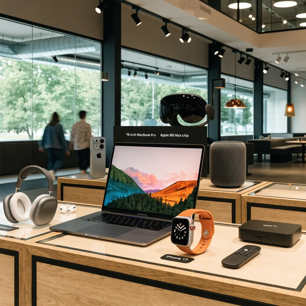 A sleek MacBook Pro 16-inch with Apple M5 Max chip displayed alongside Apple Watch Series 12, iPhone 17, AirPods Max, Apple TV 4K, HomePod, and Apple Vision Pro in a modern tech store.