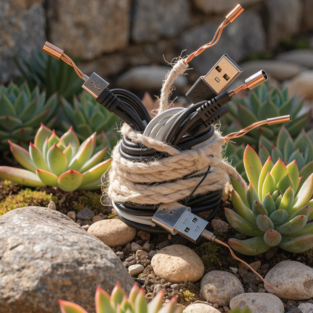 A realistic photo of old USB ports and charging cables being creatively repurposed into a DIY garden wiring project with copper conductor materials.