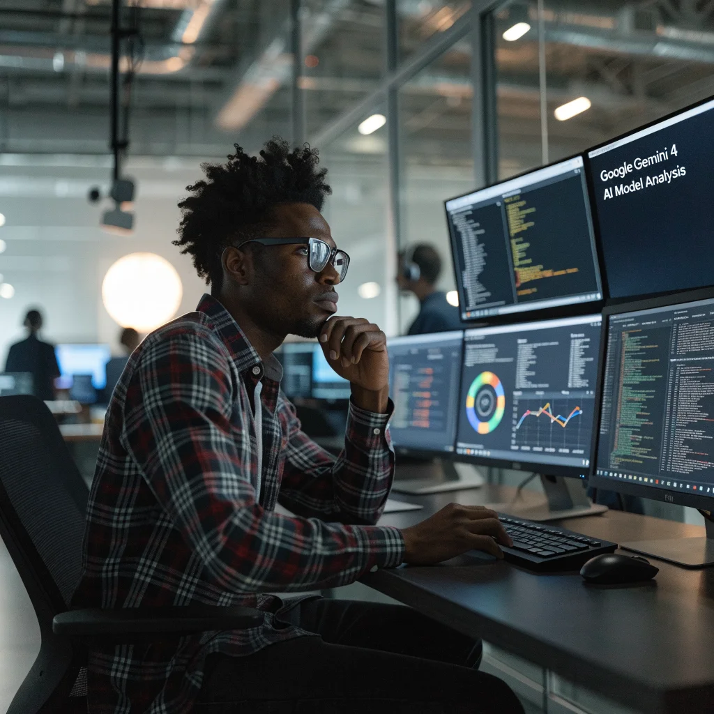 A professional cybersecurity expert analyzing Google Gemini 4 AI model on multiple computer screens in a high-tech security operations center.