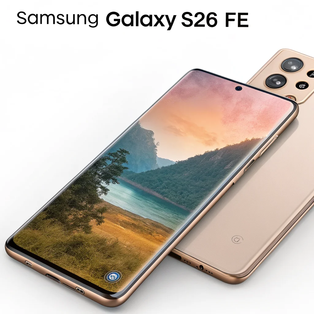 A Samsung Galaxy S26 FE smartphone with a 6.7-inch AMOLED 120Hz display, triple 50MP camera, 4900mAh battery, 8GB RAM, showing a Metro store discount.