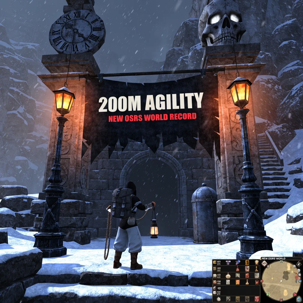 A dedicated Old School RuneScape player proudly reaching 200 million Agility experience, celebrating a new OSRS world record achievement.