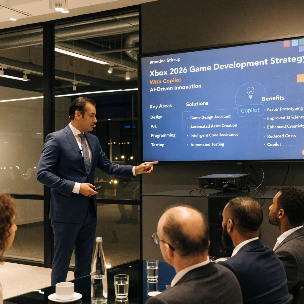 Brandon Stirrup presents Xbox’s AI-driven game development strategy for 2026 featuring Copilot tools and AI technologies in a professional conference setting.