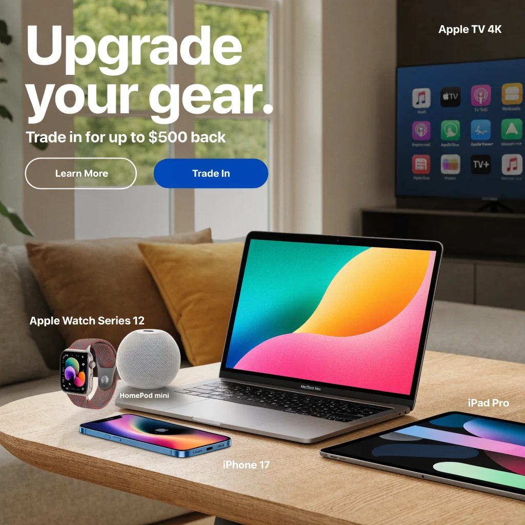 A sleek modern Apple design showcase featuring MacBook Neo, iPhone 17, Apple Watch Series 12, HomePod mini, iPad Pro, Apple TV 4K, and trade-in advice displays.