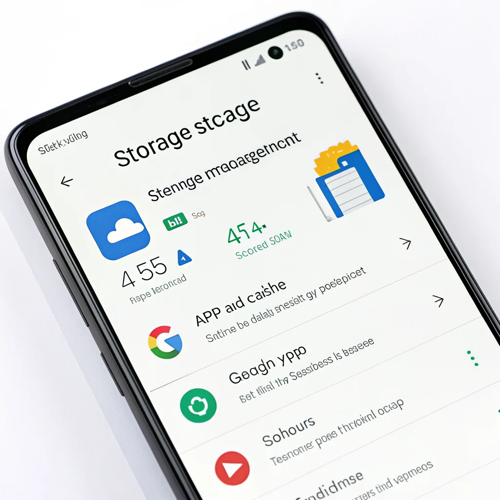 A Pixel 9 Pro XL smartphone screen displaying storage management features optimizing app cache and replacing Google apps for better Android performance.