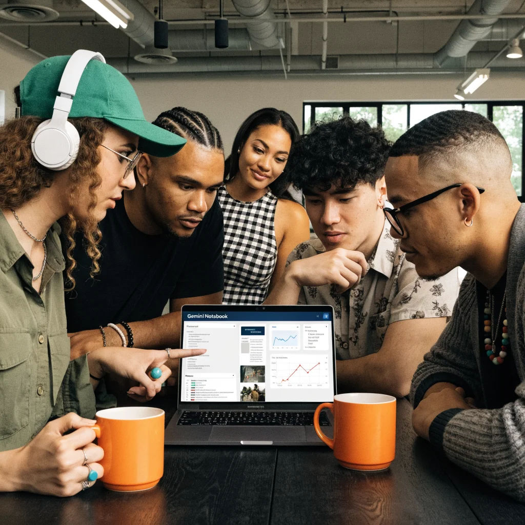 A modern workspace showing a team collaboratively using the Gemini Notebook on a laptop for visual style editing, content analysis, and presentation creation.