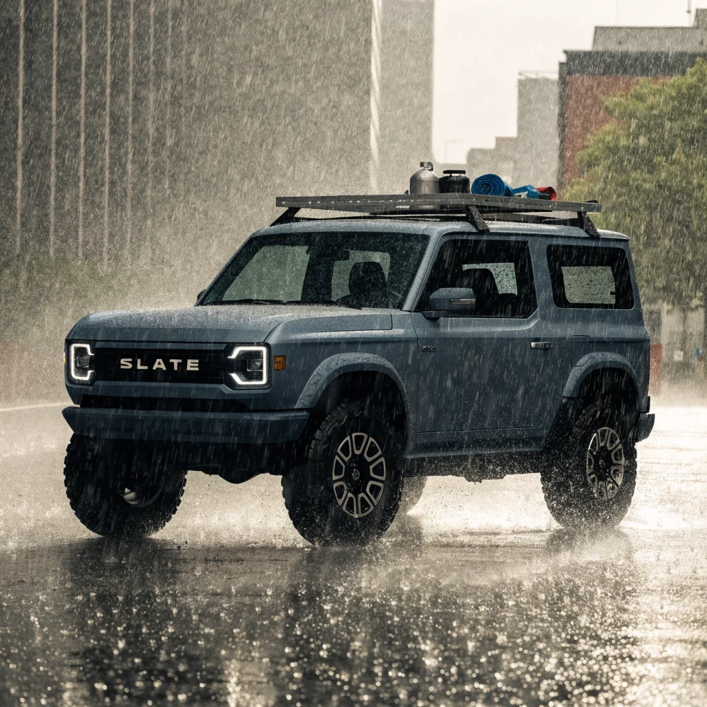 Realistic photo of the electric Slate truck with retro 1970s Ford Bronco design, two-seat cabin, squareback roof, camping equipment, and modular electric vehicle features.