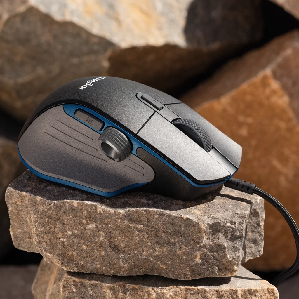 A detailed photo of the Logitech MX Master 4 mouse showcasing its ergonomic design, Actions Ring, and buttons for advanced right-handed users.