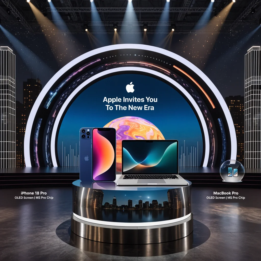 A sleek Apple event stage in Los Angeles showcasing the latest Apple devices with OLED screens and M5 Pro chip, including iPhone 18 Pro and MacBook Pro.