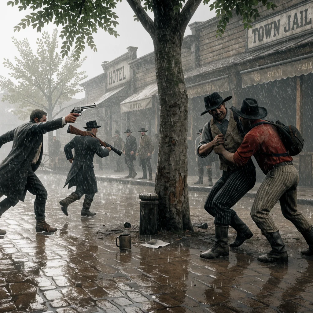 A realistic photo of Red Dead Redemption 2 gameplay showing dynamic NPC interactions and faction wars enabled by the enRAGE mod inspired by the Shadow of Mordor nemesis system.