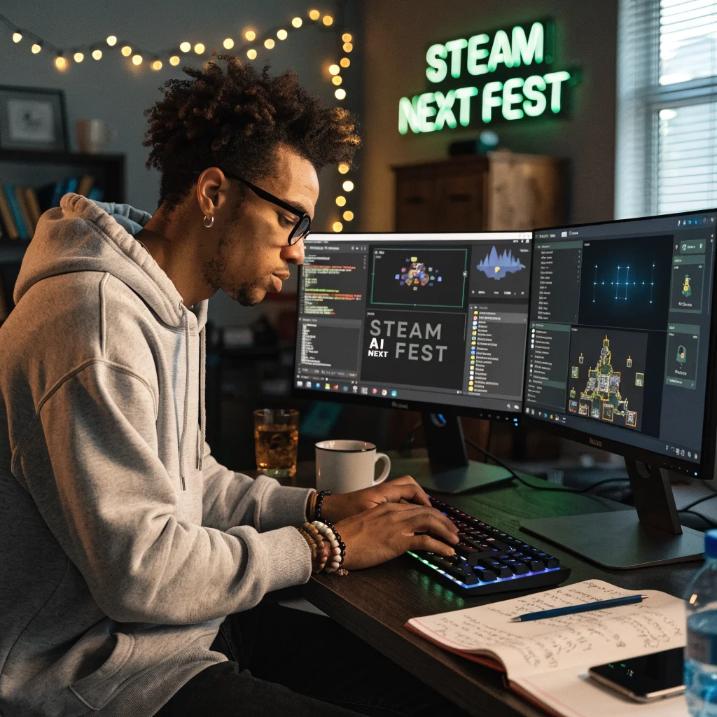 A realistic photo of an independent game developer designing AI-powered roguelike and tower defensevania games during Steam Next Fest on a modern computer.