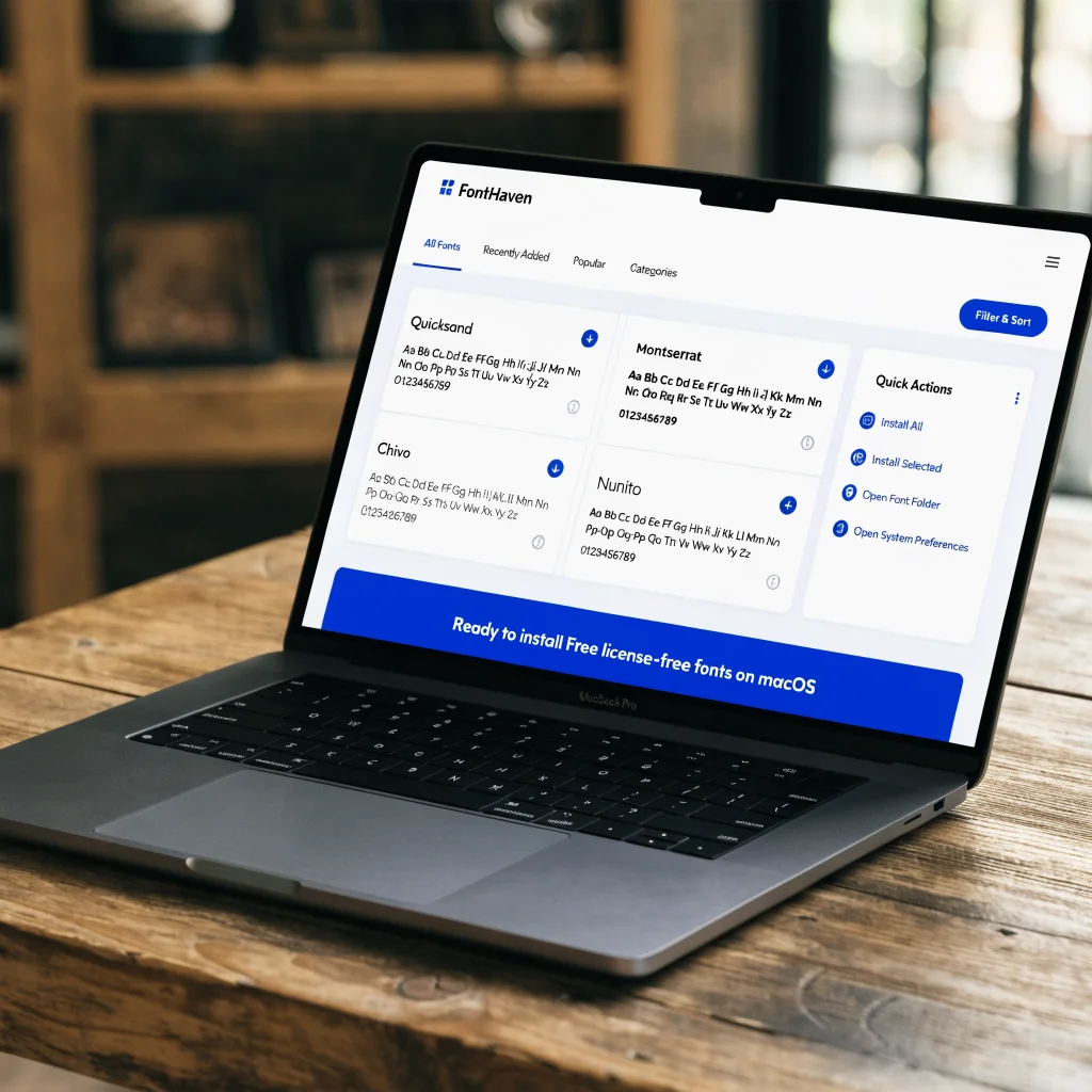 A close-up photo of a MacBook Pro screen displaying a clean, user-friendly font management app with free, license-free fonts ready to install on macOS.