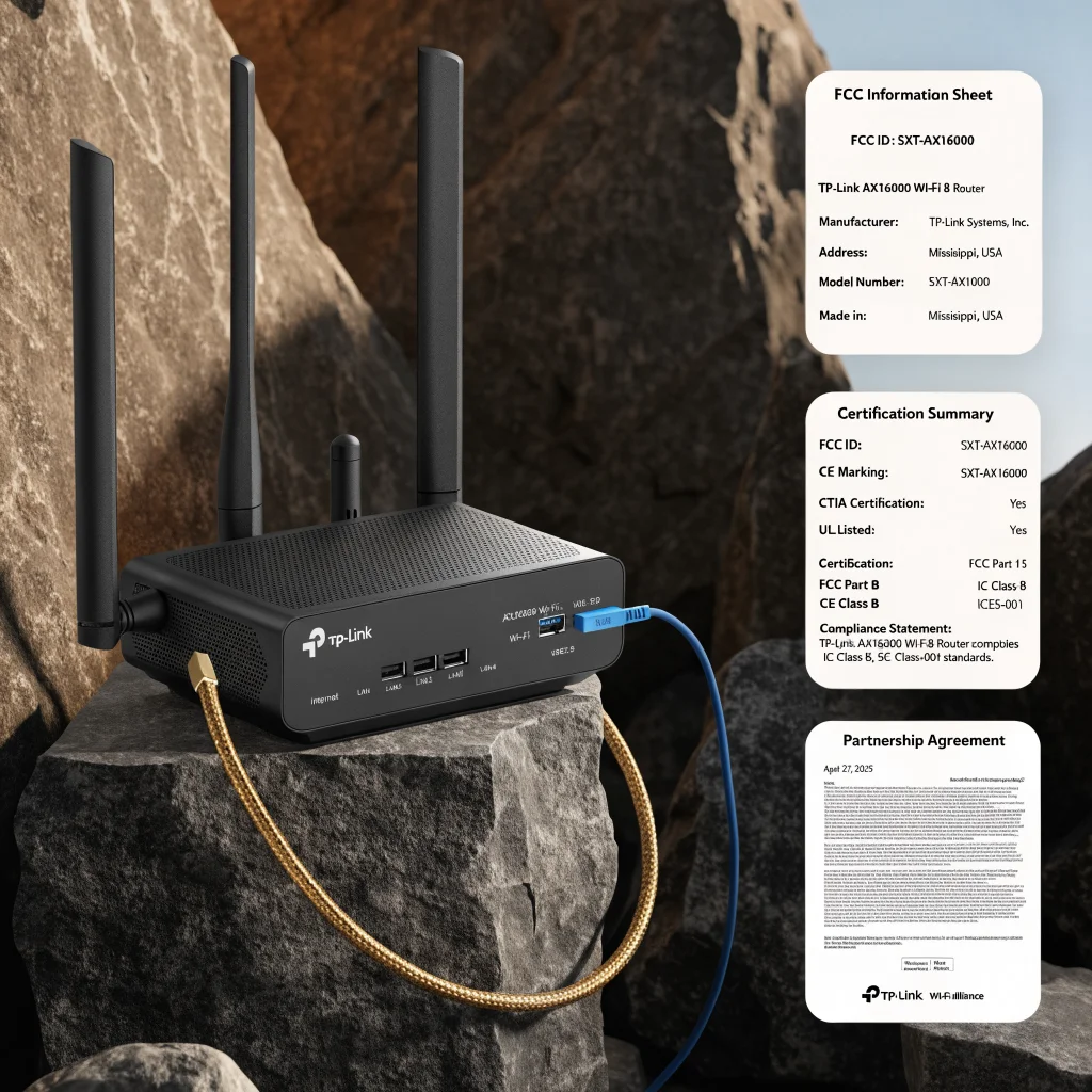 A TP-Link Wi-Fi 8 router manufactured in Mississippi, USA, displayed alongside FCC regulatory documents and a partnership agreement.