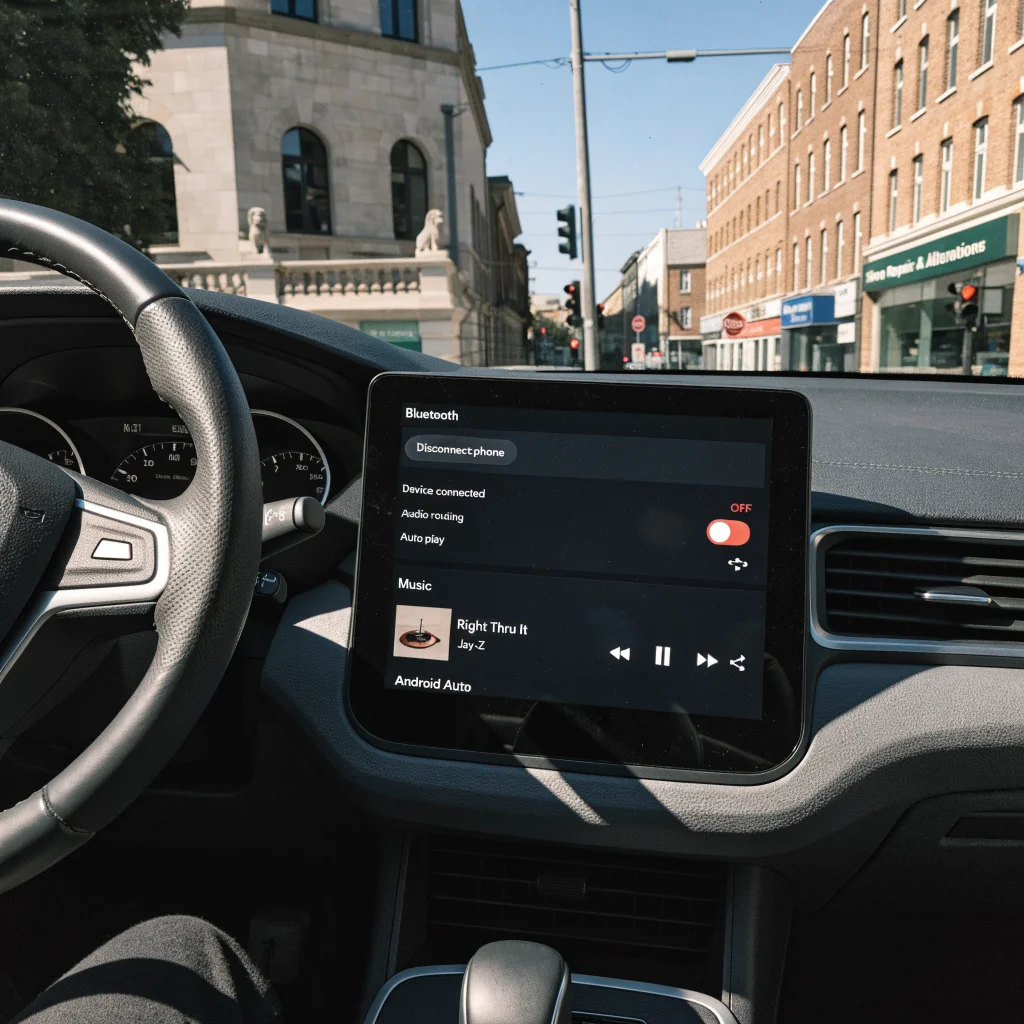 A realistic photo of a car dashboard showing Android Auto interface with Bluetooth settings and music playback controls focused on disabling auto-play.