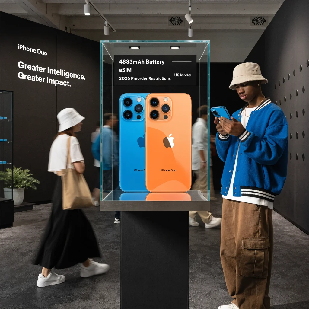 Realistic photo of an Apple iPhone Duo with 4883mAh battery and eSIM on display in a US store showcasing 2026 preorder restrictions.