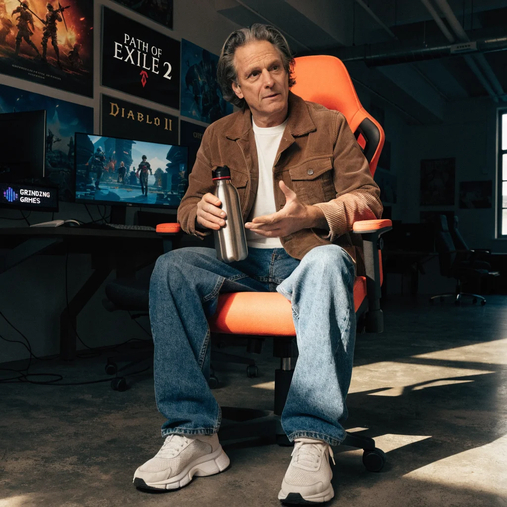 Joe Ziegler discussing ARPG evolution, surrounded by Path of Exile 2 artwork, Diablo 2, and Grinding Gear Games branding in a game development studio.