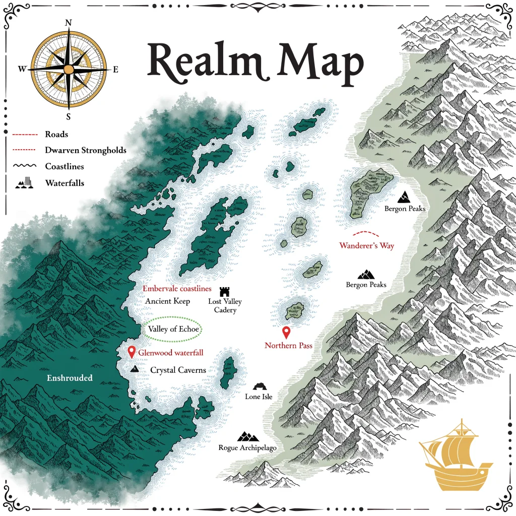 A detailed map showing strategic locations in Enshrouded and key sites in Nomad Highlands with landmarks like Embervale coastlines and Glenwood waterfall.