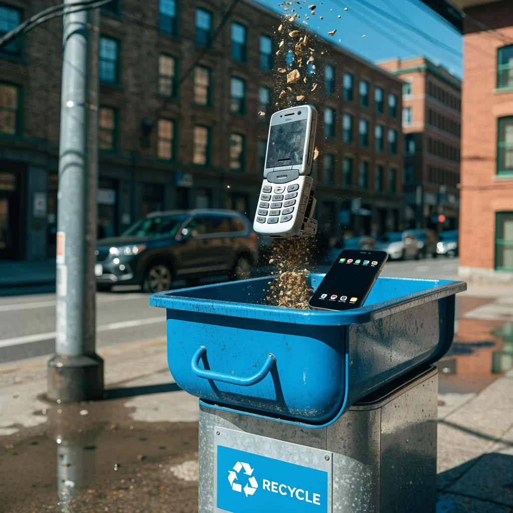 A realistic photo of an old mobile phone being recycled alongside a modern smartphone, highlighting smart reuse and extended device lifespan.