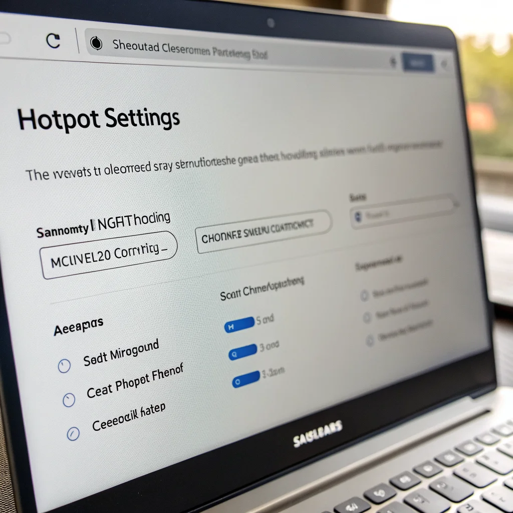 A close-up photo of a Windows laptop screen displaying Samsung hotspot settings with data usage control and metered connection enabled.