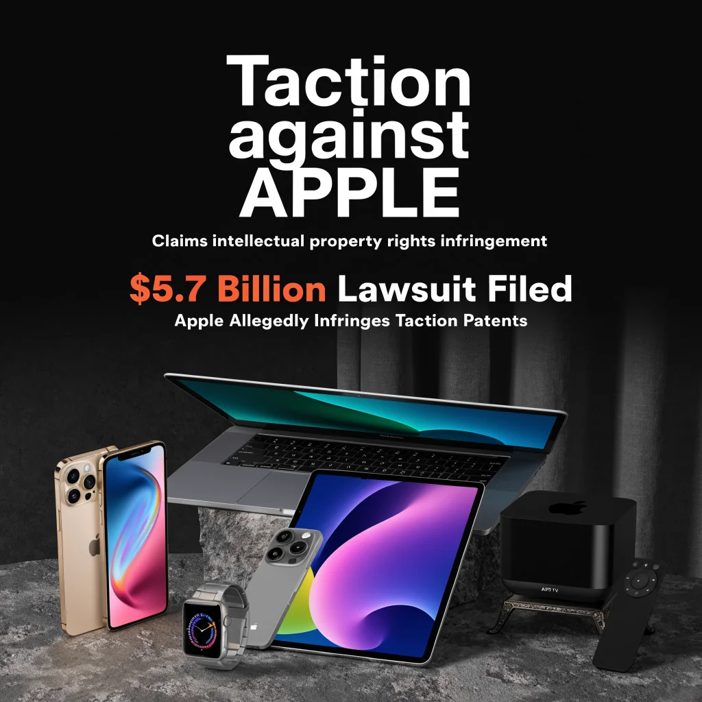 A realistic photo of a legal document highlighting a $5.7 billion lawsuit by Taction against Apple with images of iPhone, Apple Watch, MacBook Neo, iPad Pro, and Apple TV 4K.