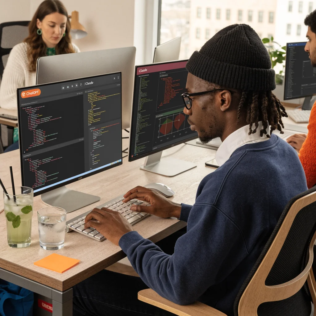 A realistic photo of diverse AI software interfaces, including ChatGPT and Claude, illustrating AI advancements and their applications in automating tasks and coding.