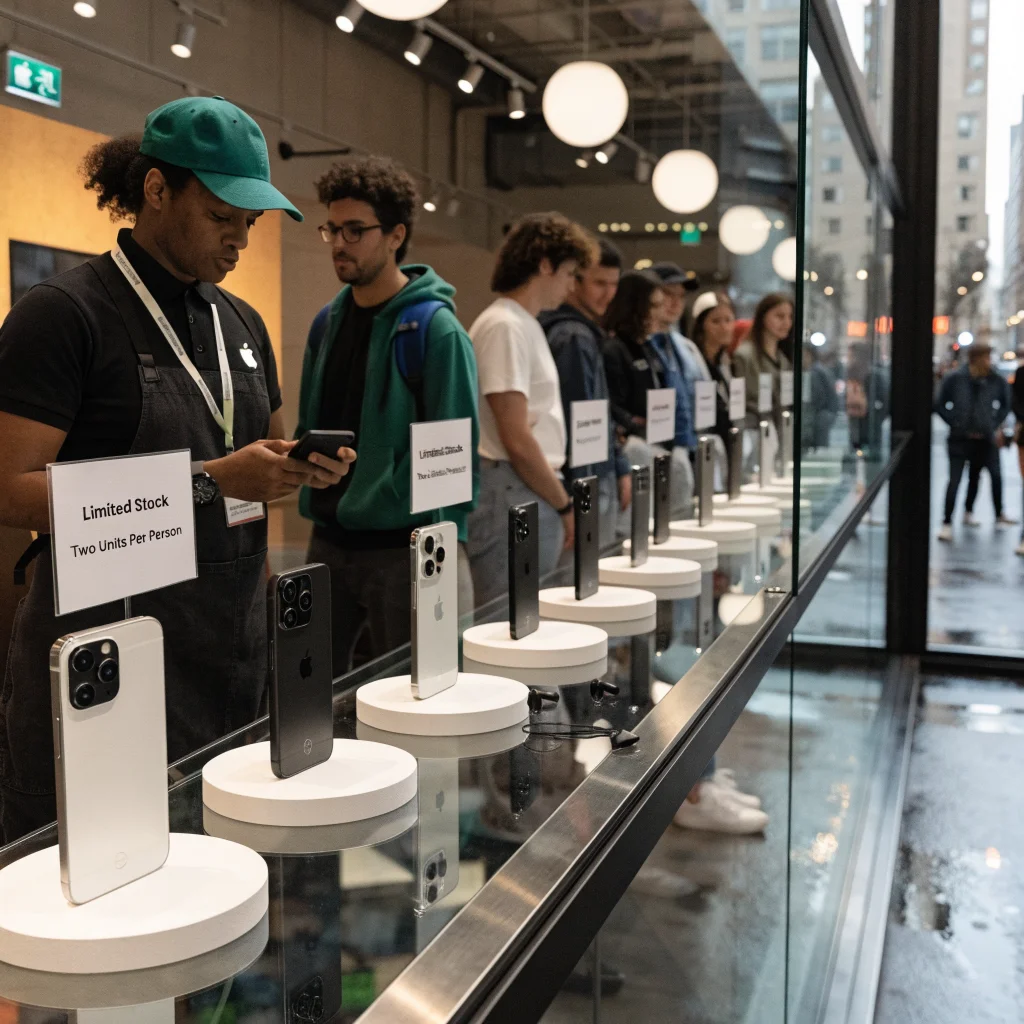 A realistic photo of an Apple Store counter with limited stock of iPhone Duo models and signs indicating a two-unit purchase limit during global preorders for 2027.