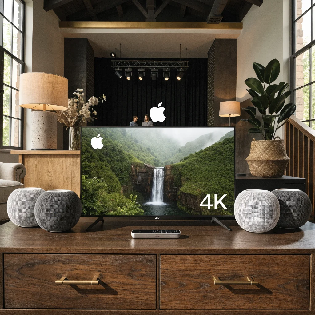 A sleek new Apple TV 4K setup with four HomePod minis arranged for surround sound in a modern living room during an Apple product launch event.
