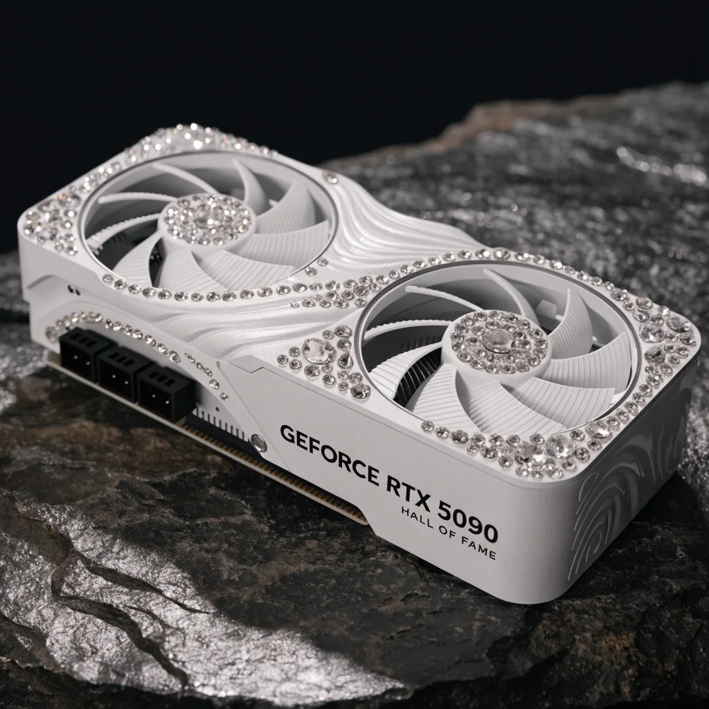 A close-up photo of the limited edition white Galax GeForce RTX 5090 Hall of Fame Edition graphics card adorned with Swarovski crystals and 12V 2×6 power connectors.