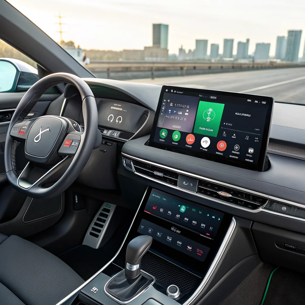 A modern car dashboard showcasing Android Auto with Gemini AI's redesigned Magic Cue interface and Google Assistant providing proactive voice assistance.