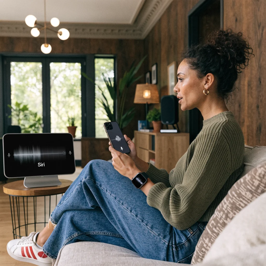 A realistic photo showing someone using Siri AI on an iPhone 17, Apple Watch Series 12, and HomeView with various Apple devices in a modern smart home.
