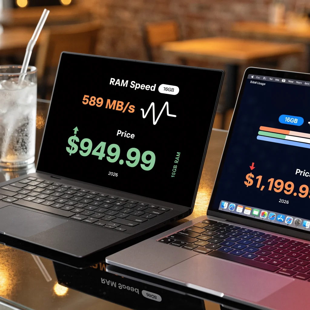 A close-up photo of a Dell XPS 13 and MacBook Neo side by side with 16GB RAM, highlighting RAM performance and pricing trends in 2026 laptops.