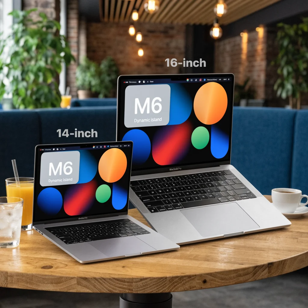 Realistic photo of the new MacBook Pro 14-inch and 16-inch models with OLED touch screens, Dynamic Island, running macOS Golden Gate, featuring Apple M6 chip.