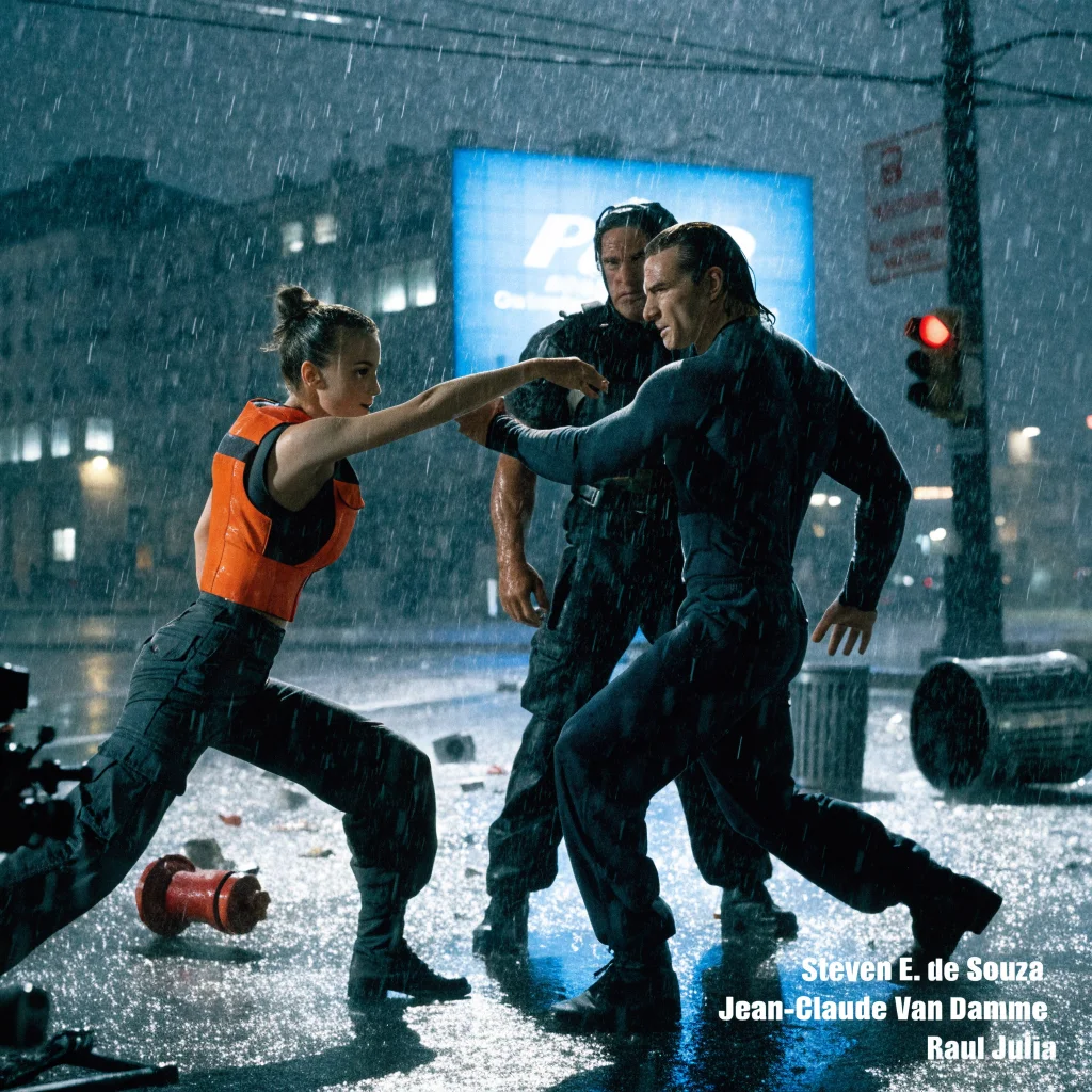 A realistic photo of Kylie Minogue as Cammy in the 1994 Street Fighter movie set with Steven E. de Souza directing and actors like Jean-Claude Van Damme and Raul Julia.