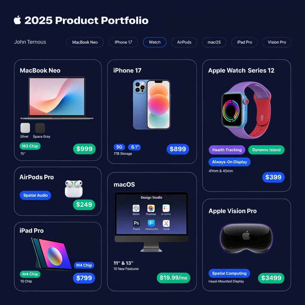 John Ternous presenting new Apple product designs including MacBook Neo, iPhone 17, Apple Watch Series 12, AirPods Pro, macOS, iPad Pro, Apple Vision Pro, and product pricing.