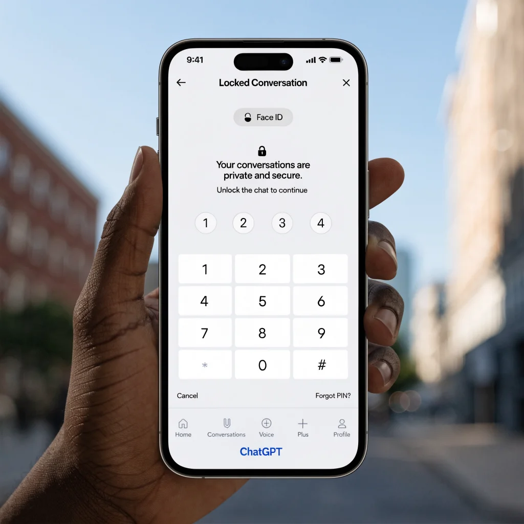 A realistic photo of a smartphone screen showing ChatGPT’s new locked conversation feature secured by a four-digit PIN and Face ID for enhanced user privacy.