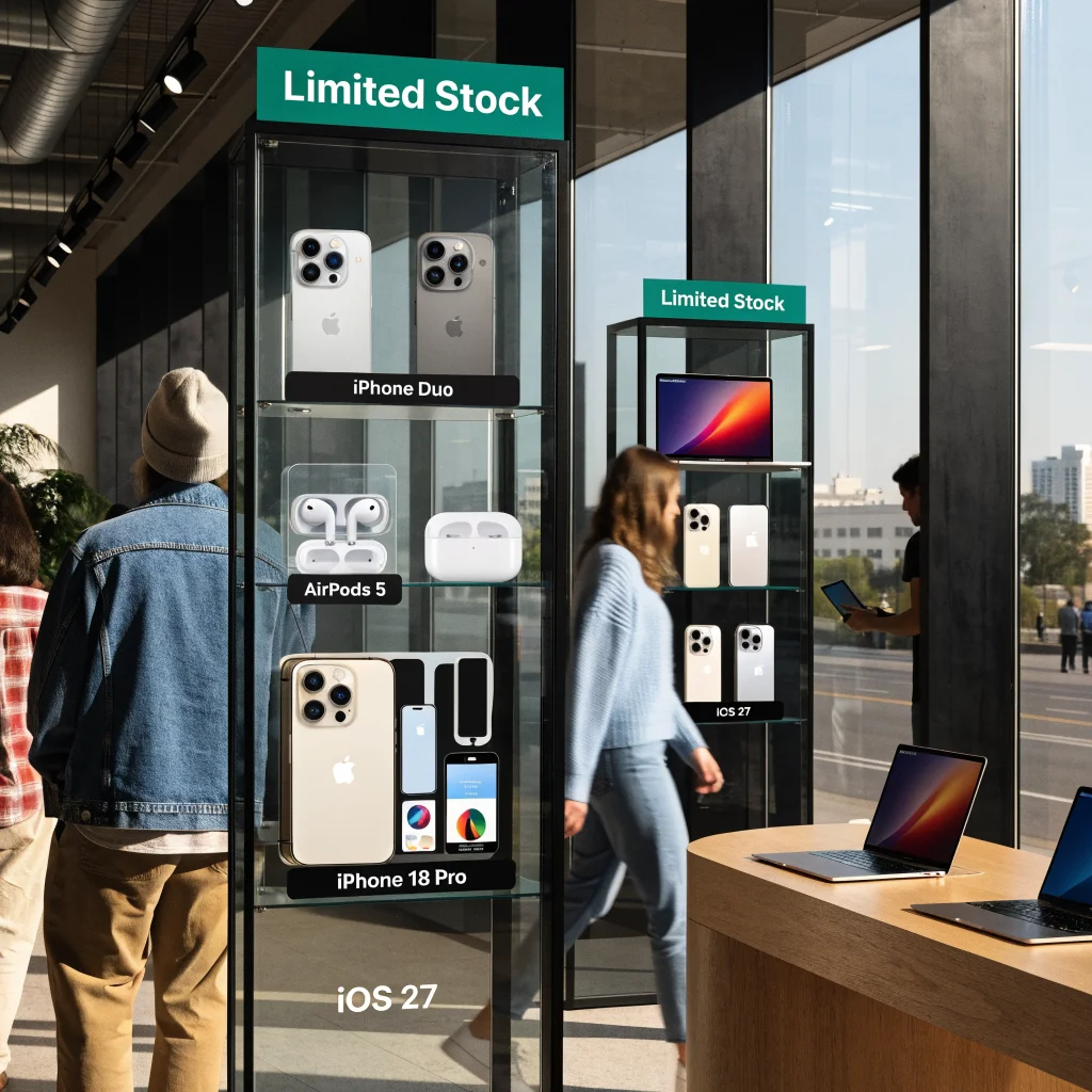 A realistic photo of Apple Store shelves with limited stock of iPhone Duo, AirPods 5, and iPhone 18 Pro on display with iOS 27 and macOS Golden Gate branding.