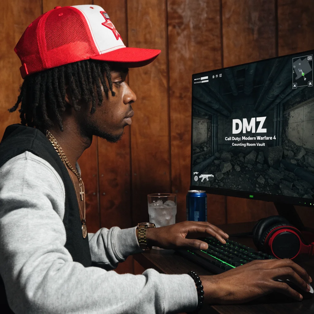 A high-resolution photo of a player immersed in Call of Duty Modern Warfare 4 multiplayer DMZ mode on a gaming monitor, showcasing the Counting Room Vault in-game environment.