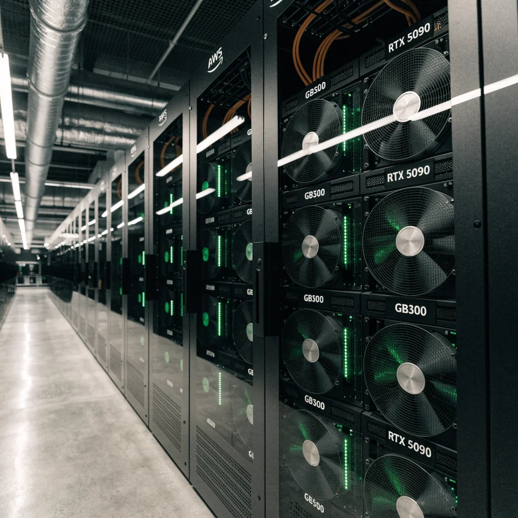 Realistic photo of a modern cloud data center filled with AWS GB300 racks equipped with Nvidia RTX 5090 GPUs powering AI infrastructure.