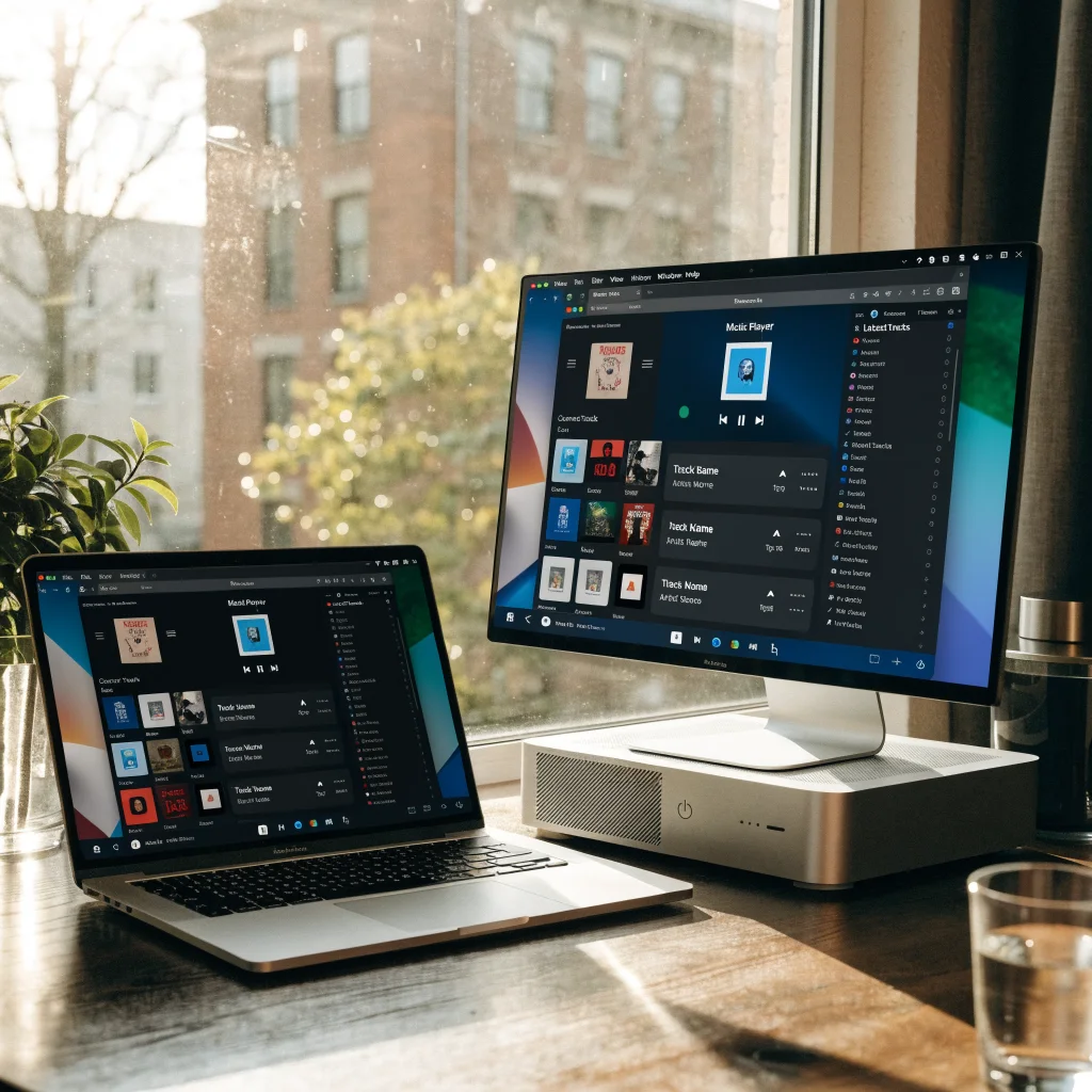 A realistic photo of an older MacBook Pro 2010 and Mac Pro 5,1 running macOS Monterey with Brave browser open, showcasing an Electron-based app.