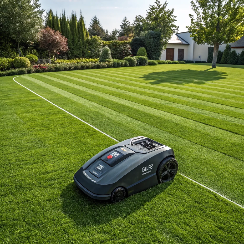 A realistic photo of a Sunseeker Elite X8 Plus robotic lawn mower equipped with ATC Pro obstacle detection system and IPX6 waterproof technology on a well-manicured lawn.