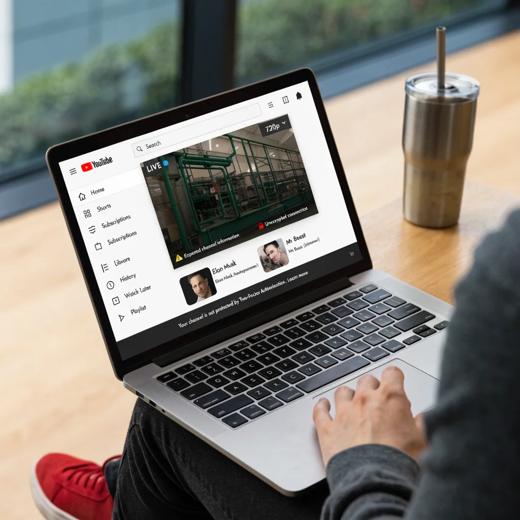 Realistic photo of a computer screen showing a YouTube livestream with security warnings and Elon Musk and Mr Beast thumbnails, highlighting channel protection and encryption.