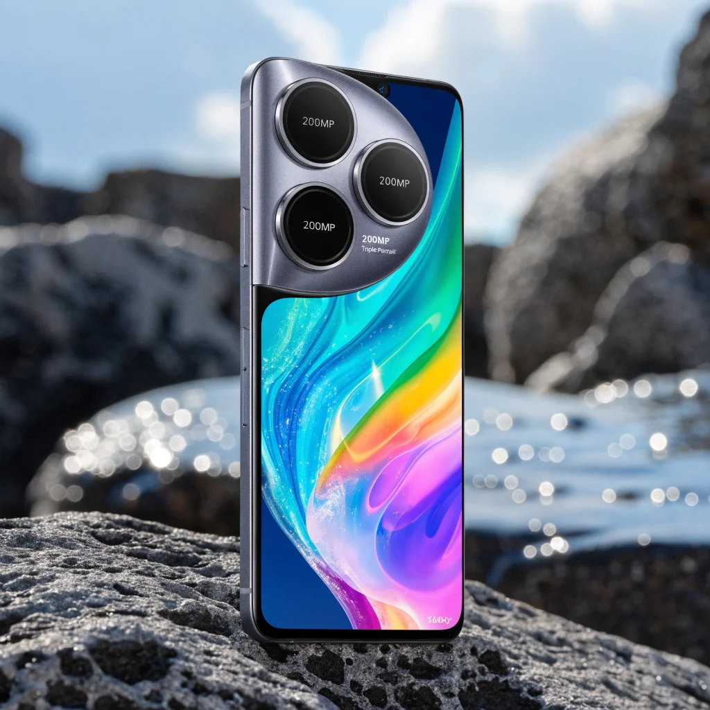 A close-up photo of the Oppo Find X10 Pro Max smartphone showcasing its 6.78-inch 144Hz display and triple 200MP camera module with advanced imaging technology.