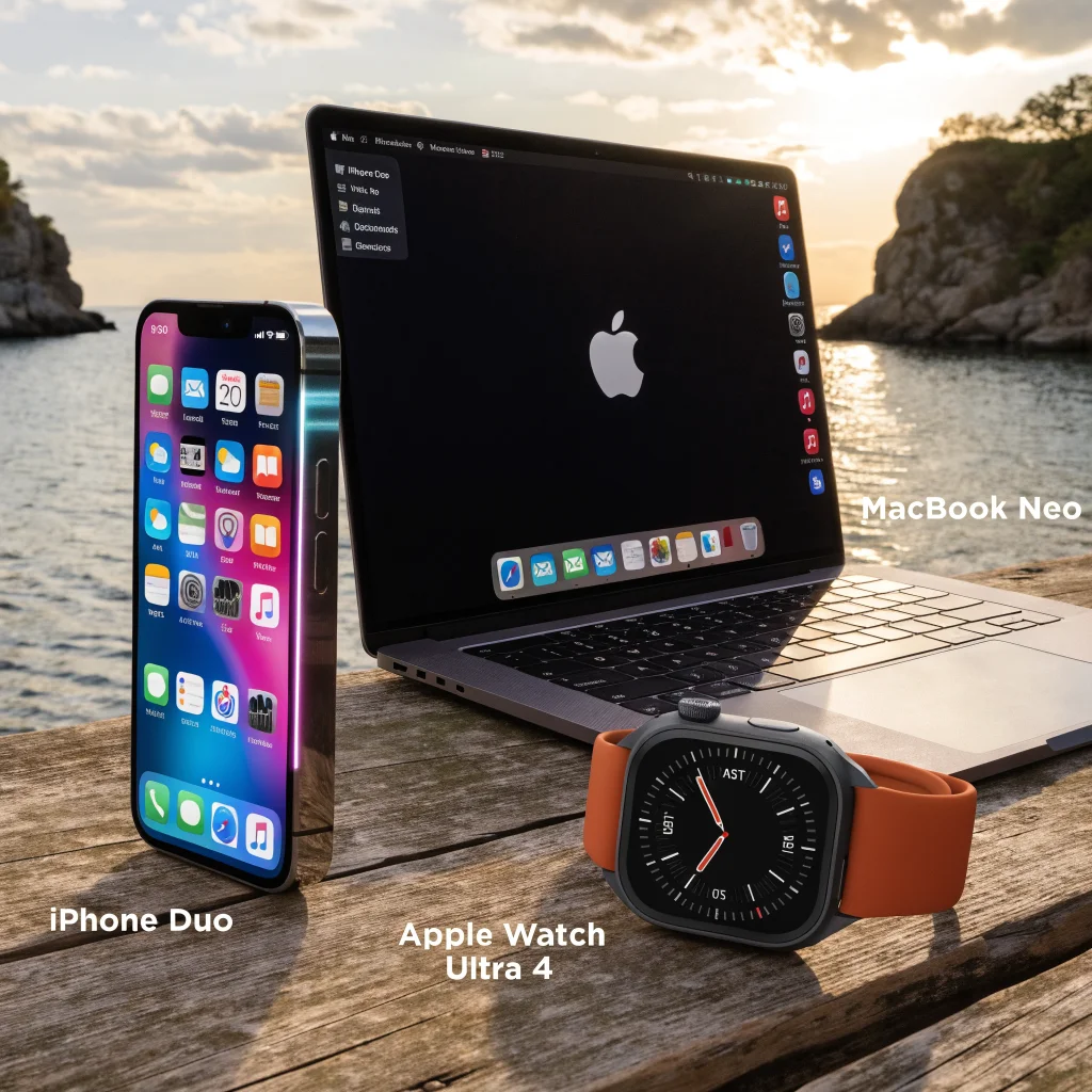 A sleek iPhone Duo with edge lighting displayed next to MacBook Neo and Apple Watch Ultra 4 showcasing iOS 27 and macOS 2025 interfaces.