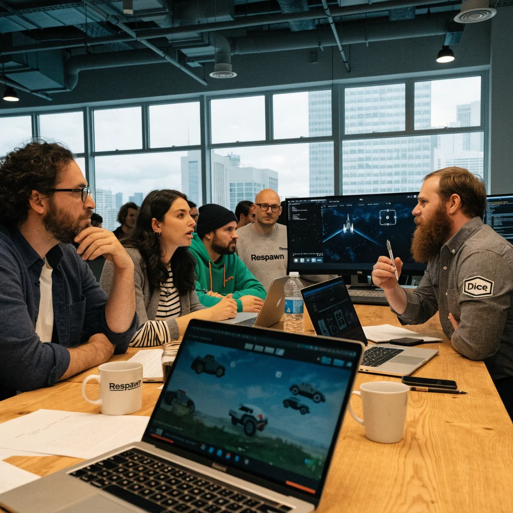 A realistic photo of game developers from Respawn and Dice collaborating in a modern studio to create a new Star Wars arcade shooter game.