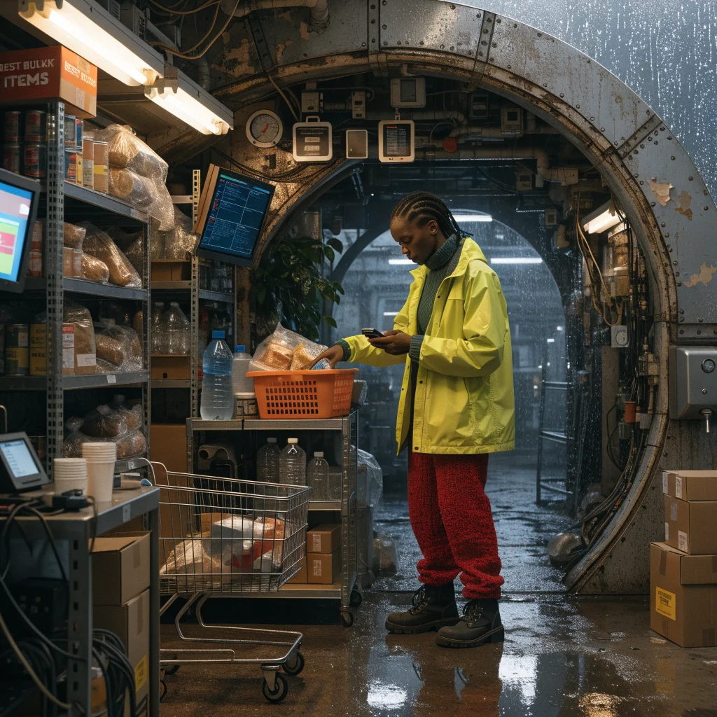 A realistic photo of a cyberpunk-themed space station store with a shopkeeper managing inventory in a futuristic dystopian setting.