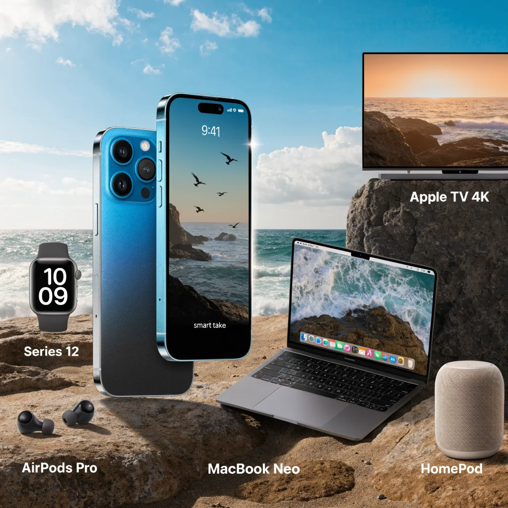 A sleek iPhone Duo displaying edge light and smart take features next to AirPods Pro, MacBook Neo, Apple Watch Series 12, Apple TV 4K, and a HomePod.