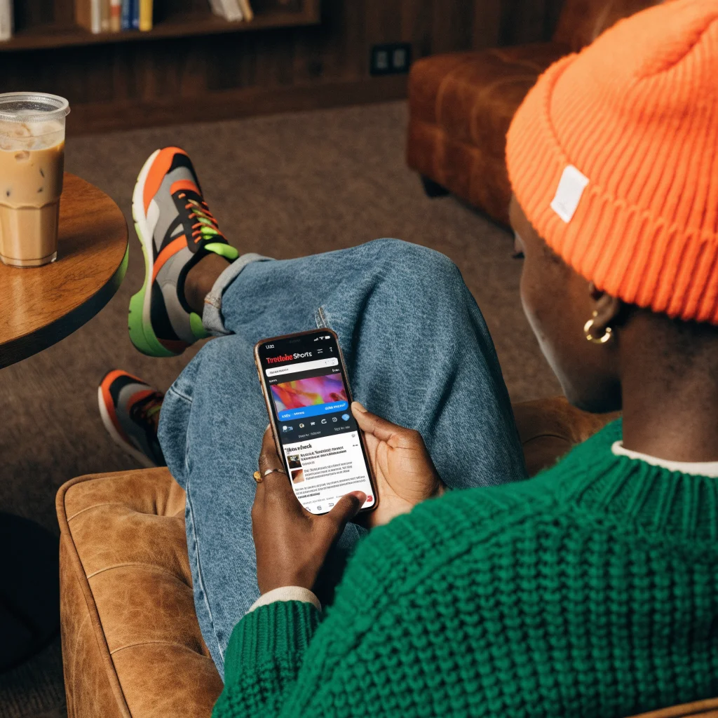 A person holding a smartphone displaying YouTube Shorts with the new Google Lens button while reading Reddit complaints about the feature.