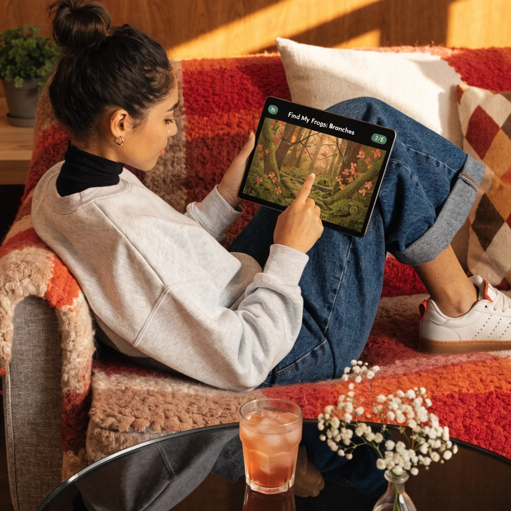 A person playing the relaxing hidden object game Find My Frogs: Branches on a tablet in a cozy indoor setting.