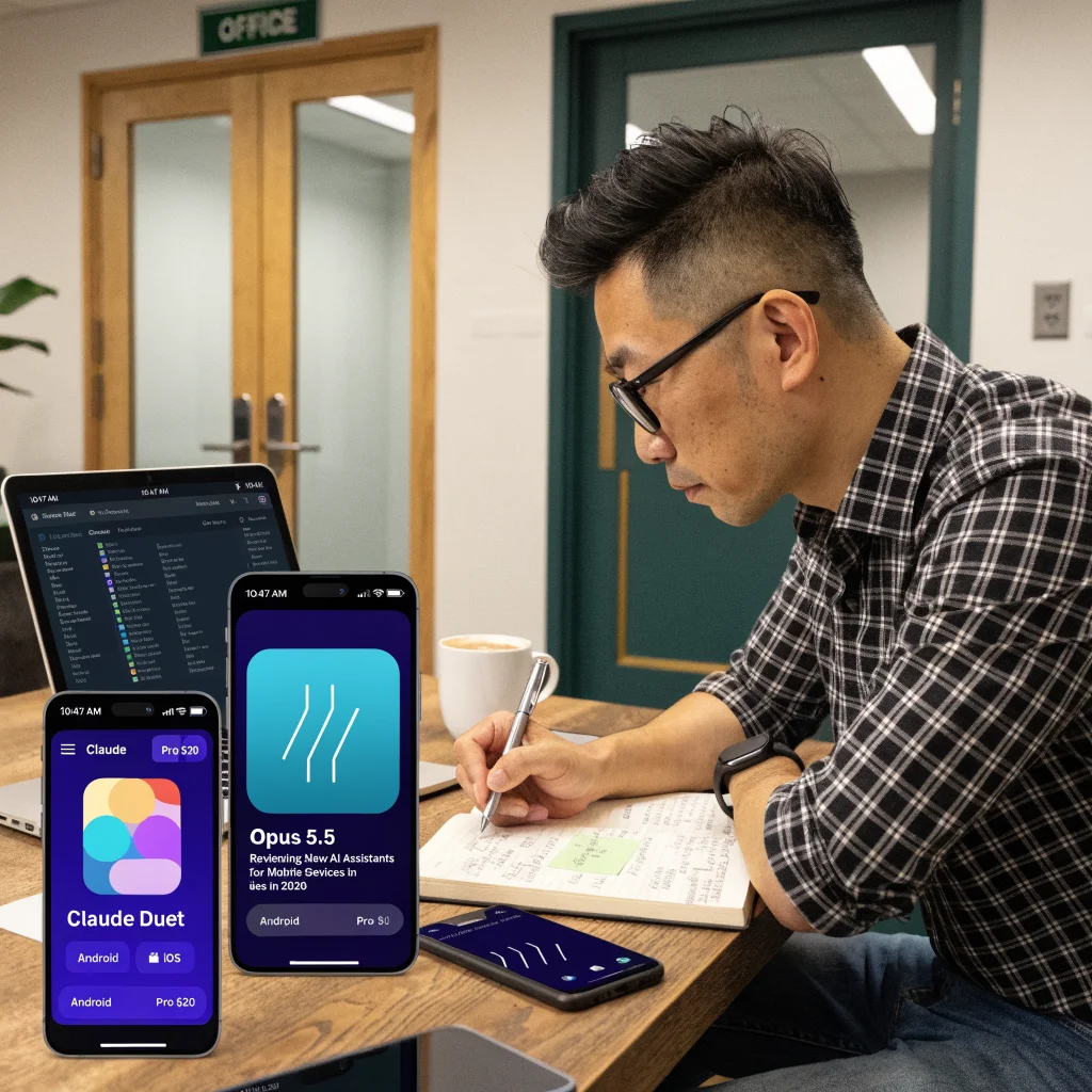 A professional reviewing new AI personal assistant apps like Claude Duet and Opus 5.5 on Android and iOS with a Pro $20 subscription in 2026.