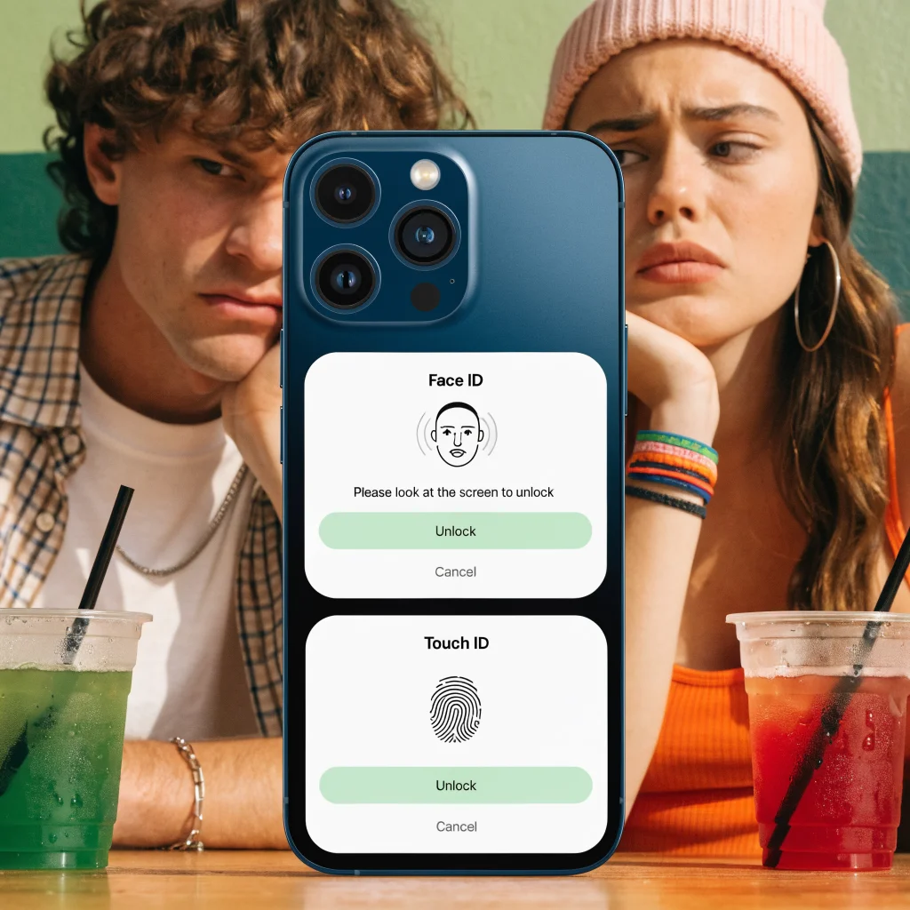 A realistic photo of an iPhone 18 Pro showing Face ID and Touch ID login screens with frustrated user expressions in the background.